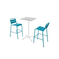 ensemble table haute stratifié marbre et 2 chaises hautes bleu pacific