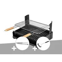 barbecue charbon - grilloir à poser somagic + pince en inox + brosse en t