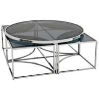 table basse design plateau en verre avec piètement en acier inoxydable argenté collection elena l. 100 x p. 100 x h. 45 cm viv-96690