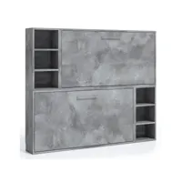 lit escamotable superposé horizontal 2 couchages 80x200 avec étagères binka-2 matelas-coffrage ebene-façade gris ciment