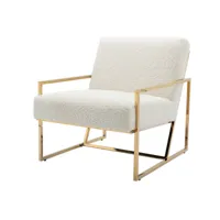 greg - fauteuil lounge en tissu bouclette ecru et métal doré