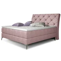 lit design continental avec tête de lit capitonnée strass tissu rose banky-couchage 140x200 cm