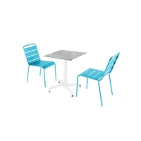 ensemble table de terrasse stratifié marbre et 2 chaises bleu