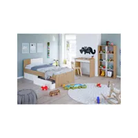 chambre enfant complète 90x190 blanc-chêne - toza n°1 - cadre de lit : l 97 x l 196 x h 77 cm ; bibliothèque : l 136 x l 33 x h 72 cm , bureau : l 81 x l 40 x h 77 cm