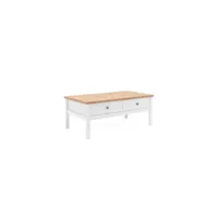 table basse - rectangulaire - decor chene naturel et blanc - style campagne - sur pieds - avec rangement - l 100 x p 40 x h 55 c bergen2874