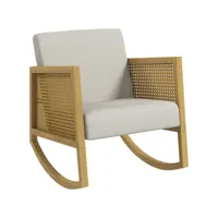 fauteuil lounge à bascule style bohème chic - accoudoirs structure bois hévéa rotin - tissu toucher lin gris clair