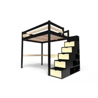 lit mezzanine bois avec escalier cube sylvia 120x200 noir,vernis naturel cube120-nv