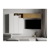 meuble tv modulable suspendu design blanc et naturel kina l 214cm - 6 pièces