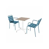 ensemble table de terrasse stratifié chêne et 2 fauteuils bleu pacific