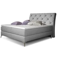 lit design continental avec tête de lit capitonnée strass tissu gris clair banky-couchage 140x200 cm
