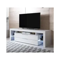 meuble tv 2 tiroirs 2 étagères avec led  160 x 53 x 35cm  couleur blanc finition brillante  modèle selma tvsd040whwh