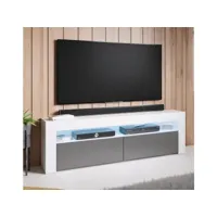 meuble tv 2 portes led  140 x 50,5 x 35cm  blanc et gris finition brillante  modèle aker tvsd072whgr