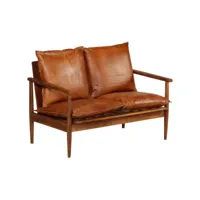 canapé fixe 2 places  canapé scandinave sofa cuir véritable avec bois d'acacia marron meuble pro frco48158