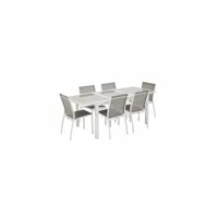 salon de jardin table extensible - orlando taupe - table en aluminium 150-210cm. plateau de verre. rallonge et 6 chaises en textilène