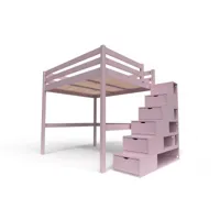 lit mezzanine bois avec escalier cube sylvia 160x200  violet pastel cube160-vip