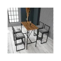 ensemble table et 4 chaises de bar koumo bois clair, métal noir et velours gris foncé