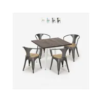 table cuisine restaurant 80x80cm + 4 chaises style tolix bois hustle white top light