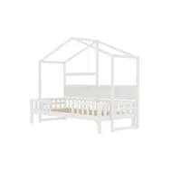 lit enfant 90 x 200 cm, canapé convertible en bois massif avec toit et barrière de sécurité, blanc