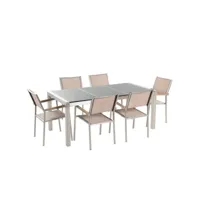 table de jardin en plateau granit gris poli 180 cm et 6 chaises beiges grosseto 34406
