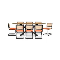 pack table à manger en bois design industriel (220cm) & 8 chaises de salle à manger en rotin tapissées de velours - puila orange rougeâtre