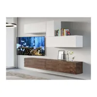 meuble tv mural blanc et noyer lika l 268cm - 4 pièces