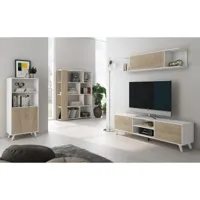 ensemble de salon meuble tv + 1 étagère murale + vitrine + bibliothèque coloris chêne cambrian, blanc