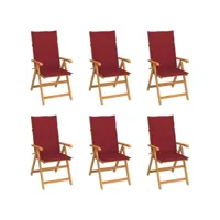lot de chaises  de jardin 6 pièces avec coussins bordeaux bois de teck