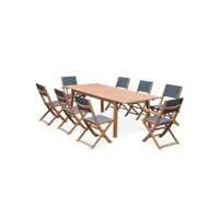 salon de jardin en bois almeria, grande table 180-240cm rectangulaire 2 fauteuils 6 chaises eucalyptus et textilène anthracite