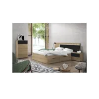 konetis - chambre 140x190cm lit + chevets + chiffonnier effet chêne et bois noir
