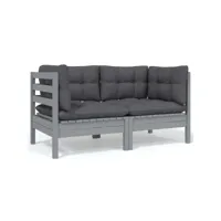 canapé fixe 2 places de jardin  sofa banquette de jardin et coussins gris bois de pin solide meuble pro frco79656