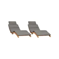lot de 2 transats chaise longue bain de soleil lit de jardin terrasse meuble d'extérieur avec coussins bois massif de teck helloshop26 02_0012070
