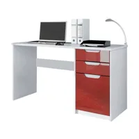 bureau   avec 2 tiroirs et d’une porte blanc mat et bordeaux haute brillance (129 x 76 x 60 cm)