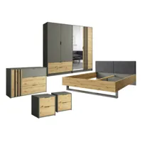 nicosie - chambre complète - un lit 160x200, deux chevets, une commode, une armoire - best mobilier - bois et gris