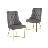 lot de 2 chaises en velours gris pieds en métal doré kiera