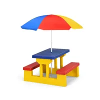 costway ensemble de jardin pour enfants table et bancs avec parasol table d'activité exterieur