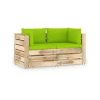 canapé fixe 2 places de jardin  sofa banquette de jardin avec coussins bois imprégné de vert meuble pro frco58578