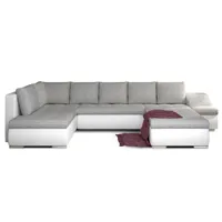 canapé panoramique convertible tissu gris clair chiné et simili cuir blanc jonaz 340cm-méridienne a droite