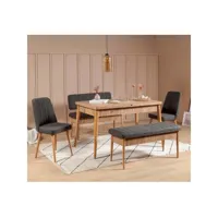 set table extensible, 2 chaises, banc et banquette malva bois clair et tissu anthracite