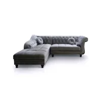 canapé d'angle brittish velours argent style chesterfield
