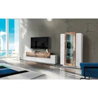 meuble mural mirko, ensemble de salon meuble tv, meuble de salon polyvalent, 100% made in italy, cm 280x45h121, blanc brillant et érable 8052773601689