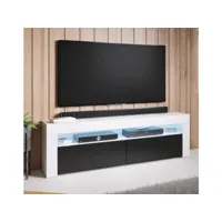 meuble tv 2 portes led  140 x 50,5 x 35cm  blanc et noir finition brillante  modèle aker tvsd072whbl