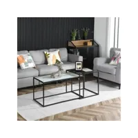 lot de 2 tables basses gigognes industriel rectangulaire bout de canapé en verre aspect marbre et cadre en métal, noir et blanc