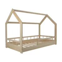 lit d'enfant cabane maison en bois de pin naturel brut 160x80 cm avec barreaux : charme rustique et sécurité réunis
