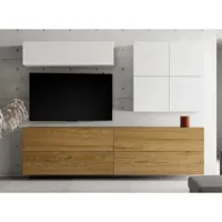 meuble tv mural blanc et chêne naturel isika l 308cm - 9 pièces