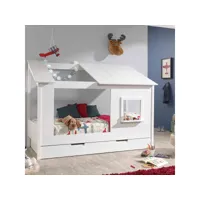 lit cabane enfant avec toit et fenêtre en bois blanc 90x200 + tiroir de lit