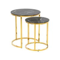 lot de 2 tables d'appoint ronde en marbre et métal - diam.45cm + diam.35cm - doré et noir