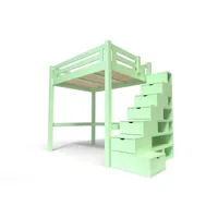 lit mezzanine adulte bois + escalier cube hauteur réglable alpage 120x200 vert pastel alpag120cub-vp