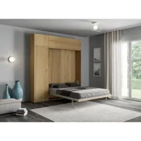 lit escamotable 160x190 avec 1 colonne de rangement 2 meubles hauts bois clair kanto