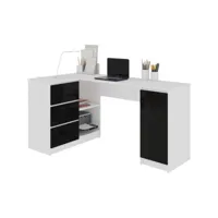 balaur - bureau informatique d'angle contemporain 155x85x77cm - 3 tiroirs gloss  - table ordinateur multi-rangements - blanc/noir laqué