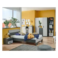 chambre à coucher complète enfant (lit 140x200 cm + 1 chevet + buffet + armoire + étagère ) coloris imitation béton clair/graphite